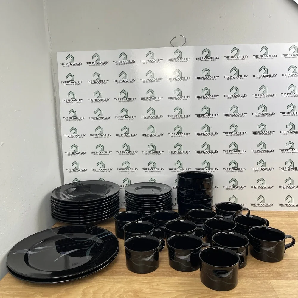 Mikasa Galleria Opus Black FK701 Calla Lily Dinnerware Set Japan Stoneware 45pc